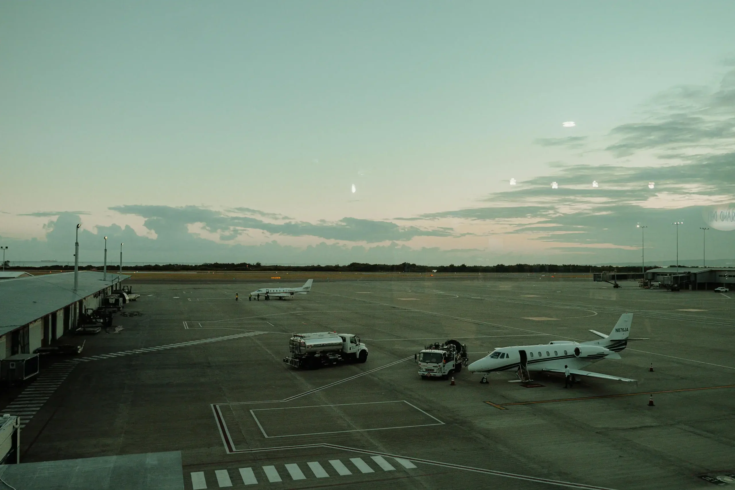 Business jet on the ramp at dusk