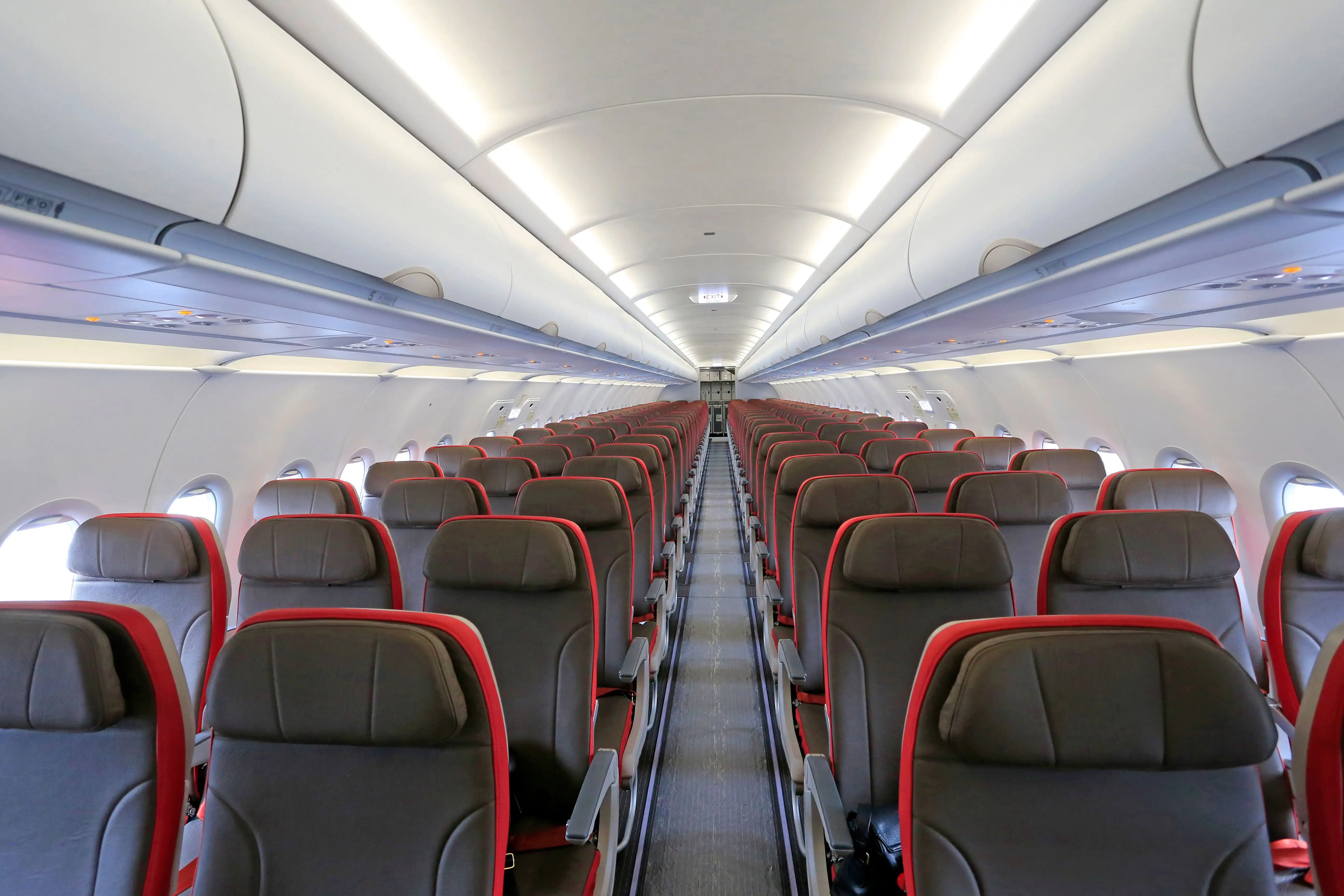 Empty commercial aircraft cabin before an international departure, ready for pre-embarkation disinsection