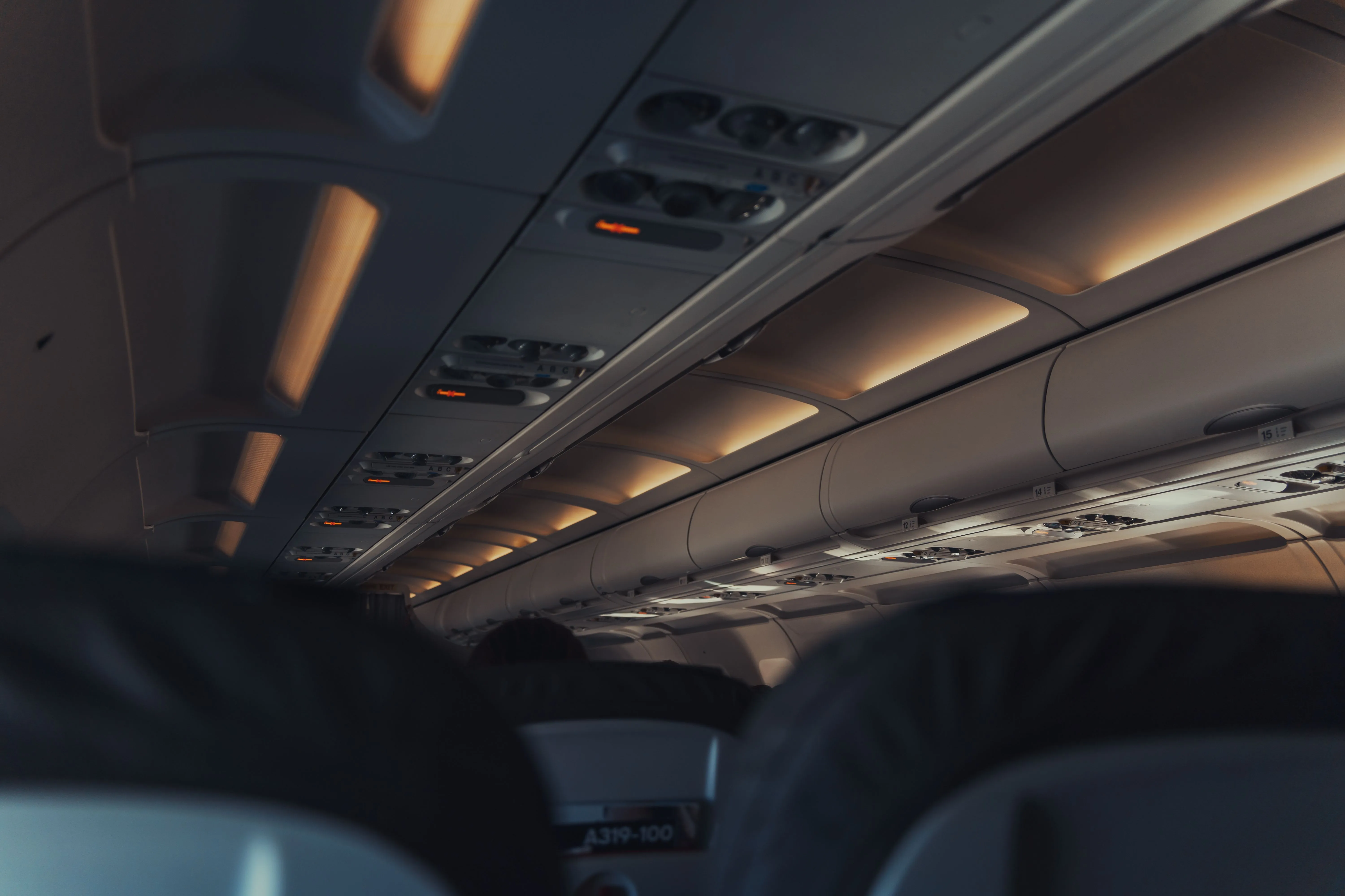 Commercial aircraft cabin, empty before boarding, ahead of pre-embarkation disinsection in the United States