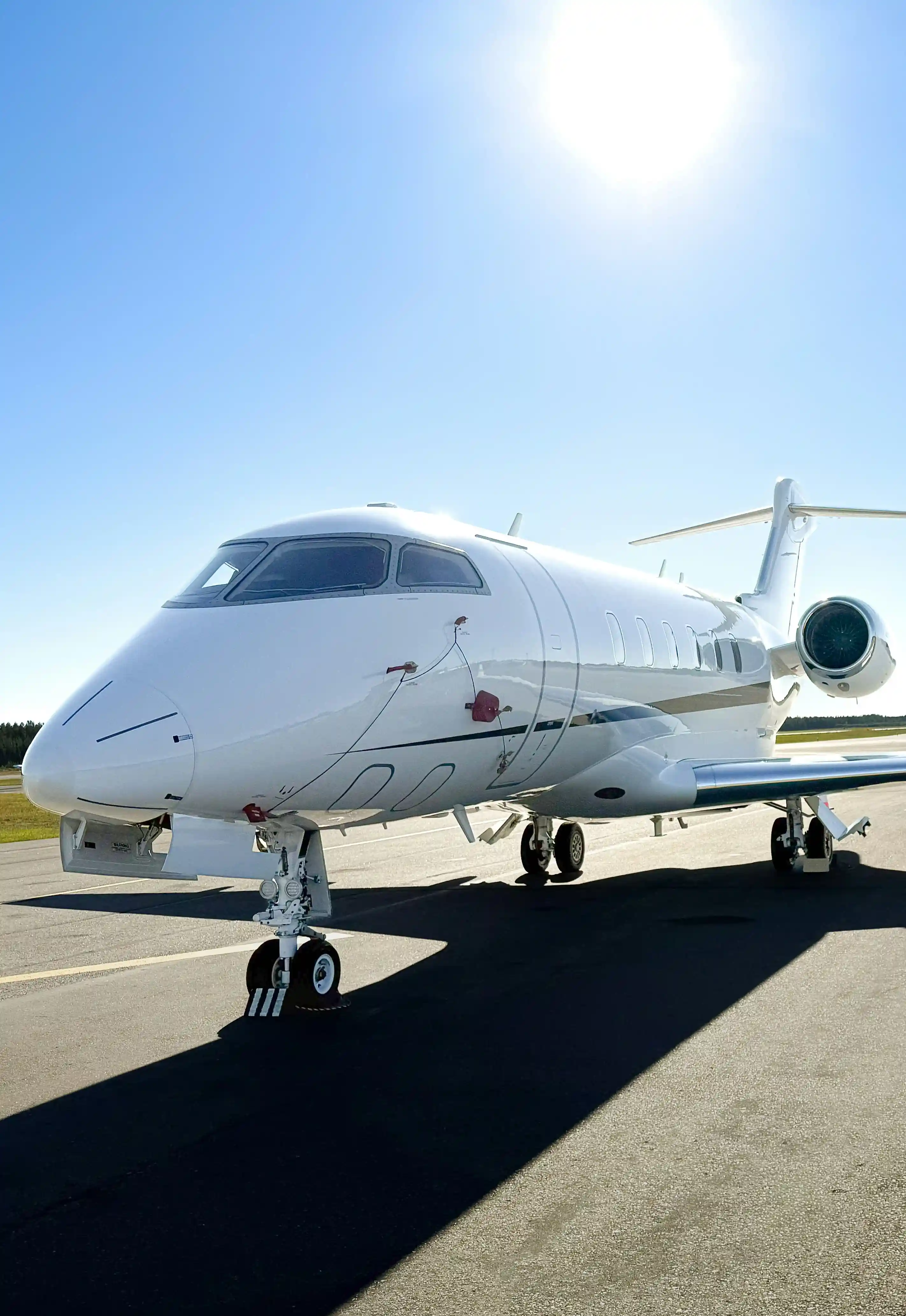 Business jet on the ramp, nose on, before pre-embarkation disinsection at a US departure airport