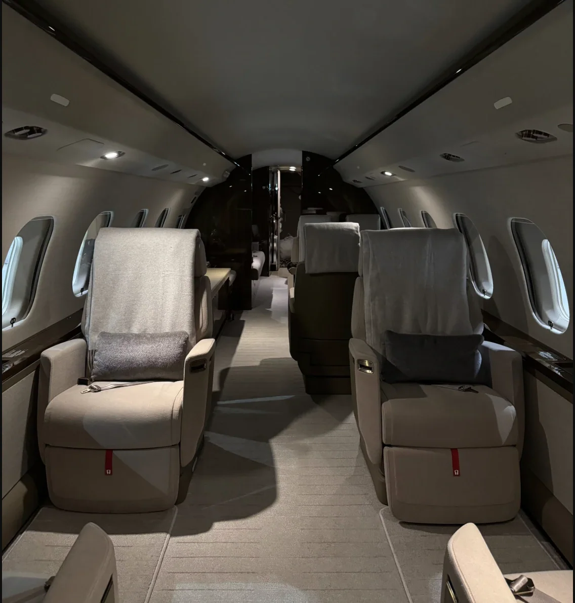 Business jet cabin, empty before boarding, ready for pre-embarkation aircraft disinsection at JAC in Jackson, Wyoming