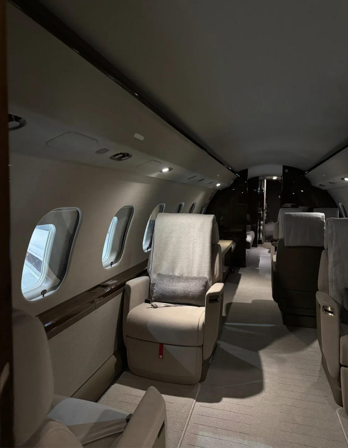 Business jet cabin, empty before boarding, ready for pre-embarkation aircraft disinsection at ASE in Aspen, Colorado