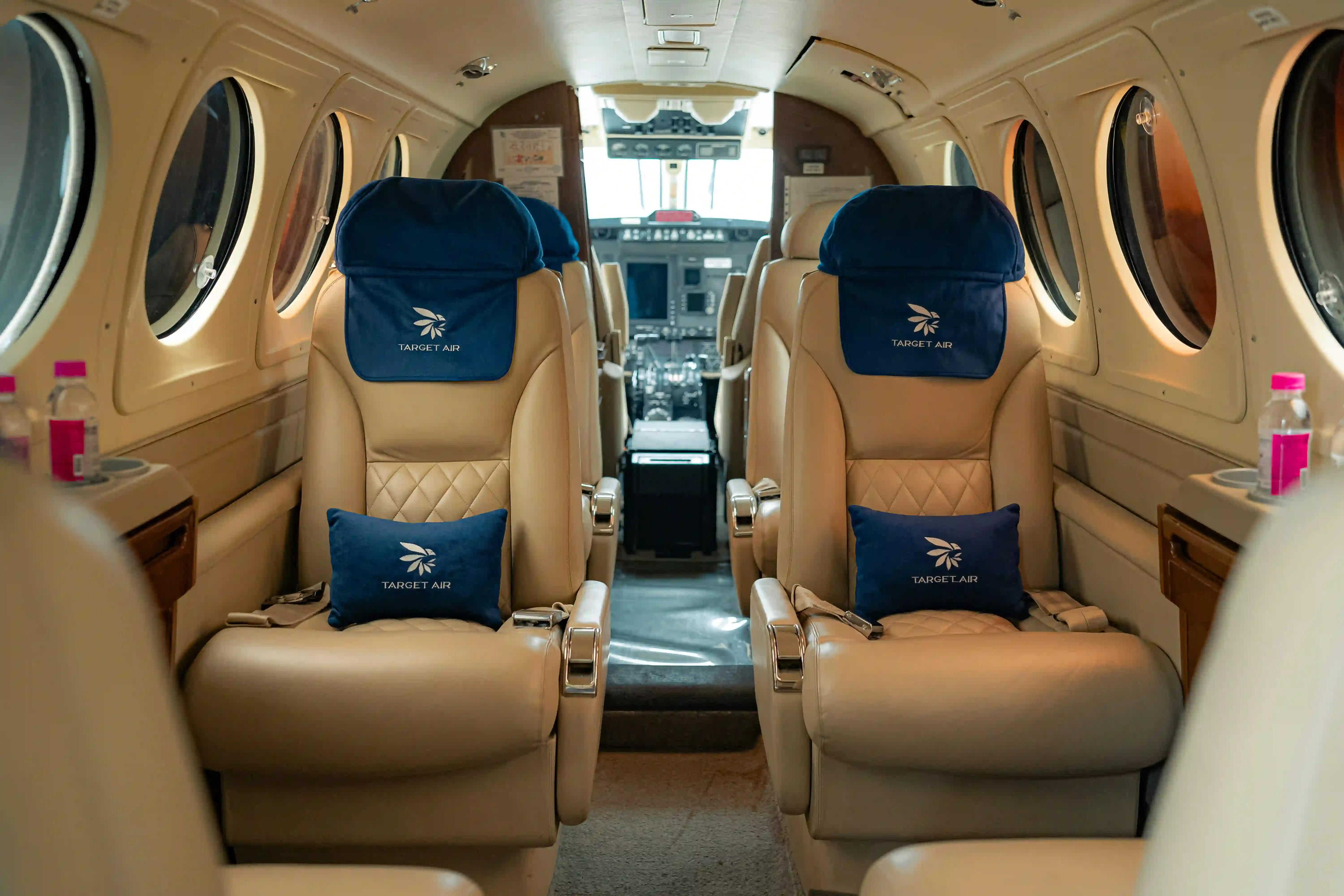Empty business aircraft cabin before boarding, ready for pre-embarkation aviation disinsection at Van Nuys Airport (VNY), California