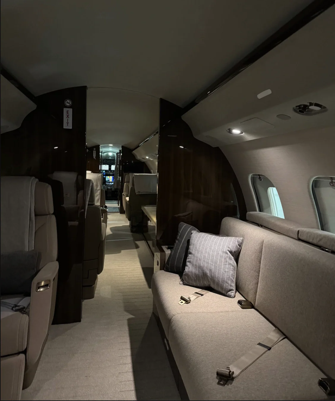 Business jet cabin, empty before boarding, ready for pre-embarkation aircraft disinsection at BZN in Belgrade, Montana